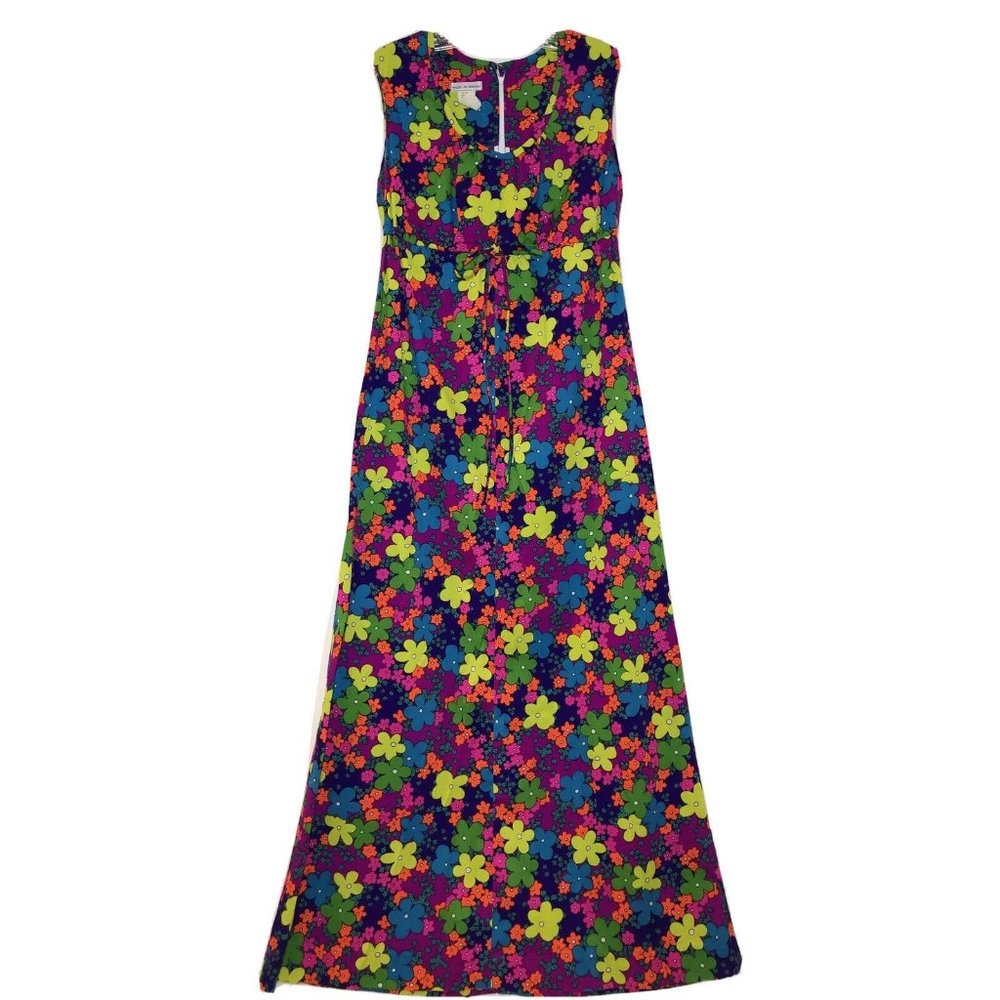 VTG Size 12 Maxi Dress Bright Colorful Hawaiian Floral Sleeveless 60s Barkcloth?